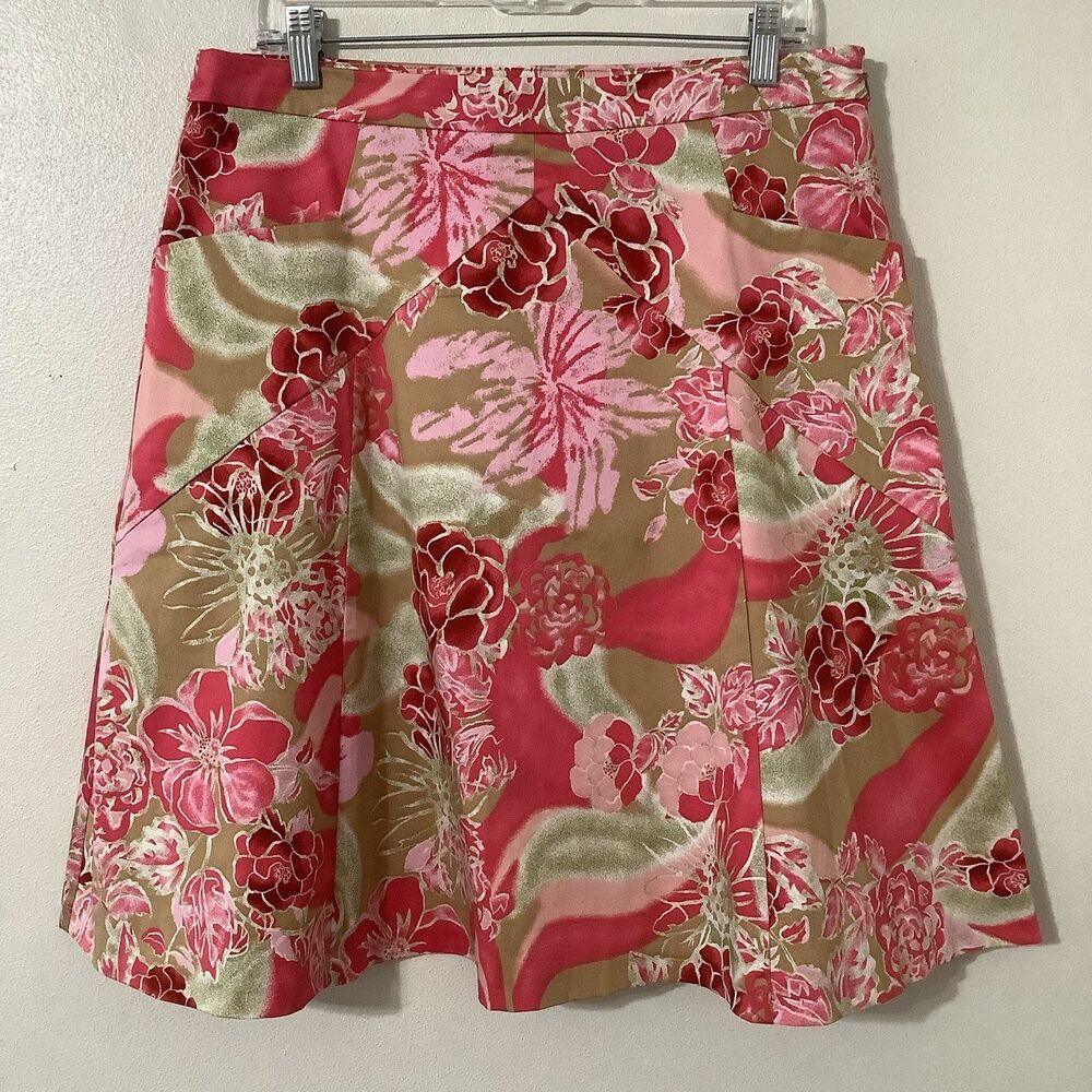 Express Red Floral Vintage Y2K Tropical‎ Beachy Vacation Boho Pleated Skirt 10